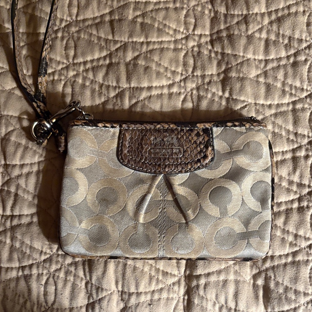 Coach Signature Wristlet in Brown and Cream